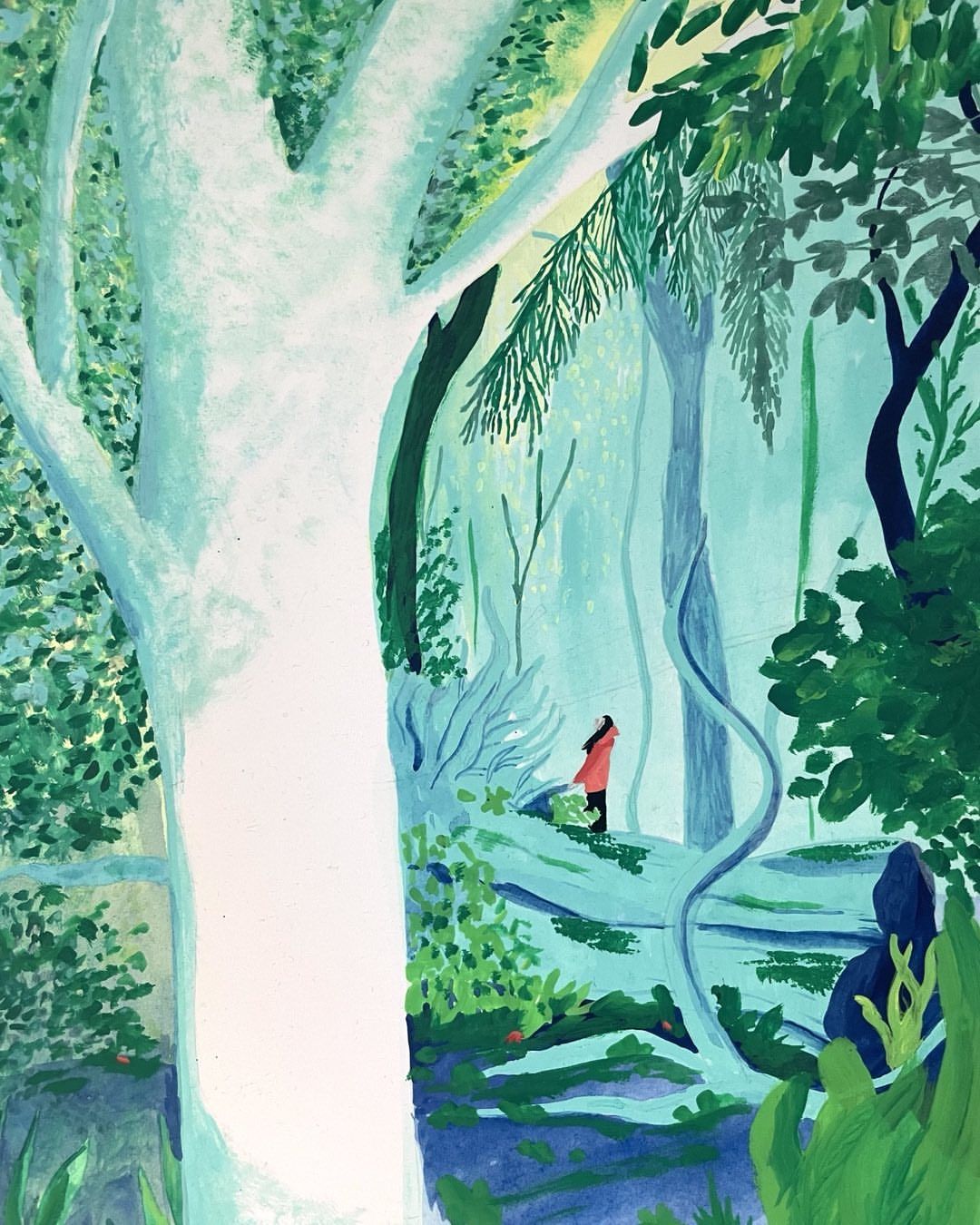 Impressionist-style painting of a figure in a red coat walking in a lush, verdant forest with tall trees and soft, diffused light.