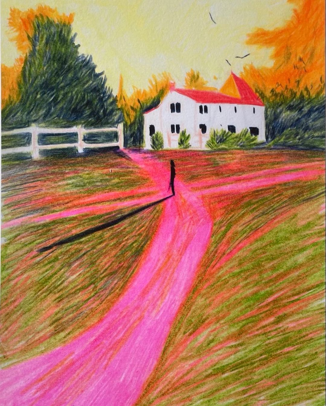 Artwork depicts a person walking on a pink path toward a white house with a red roof, surrounded by trees under a yellow sky.