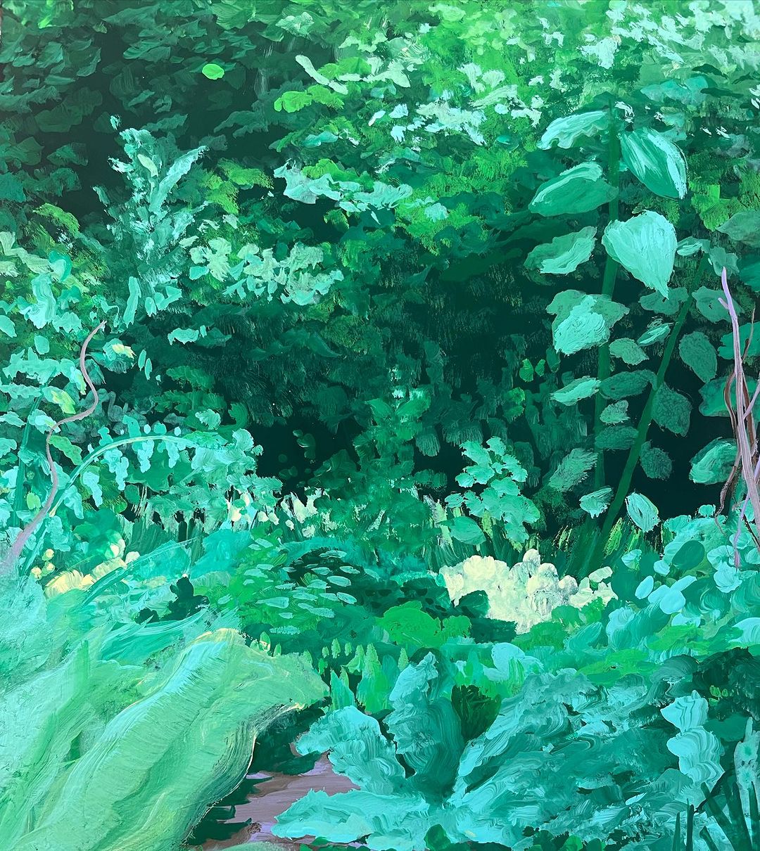 Painting of a lush green forest scene with dappled light filtering through dense foliage, creating a serene and natural atmosphere.