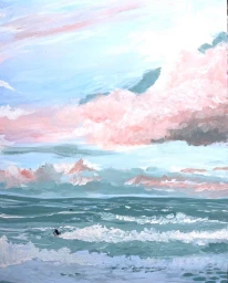 Gouache painting of an ocean seascape with white-crested waves and soft pink clouds overhead by illustrator Lili Wood