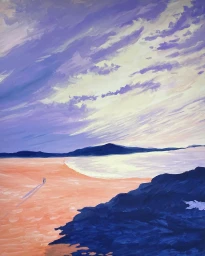 Gouache painting of two tiny distant figures walking along a peach-coloured sandy beach beneath a swirling purple sky.