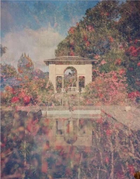 Double exposure photograph of a classical garden pavilion surrounded by lush red flowers and trees reflected in a pool of water.