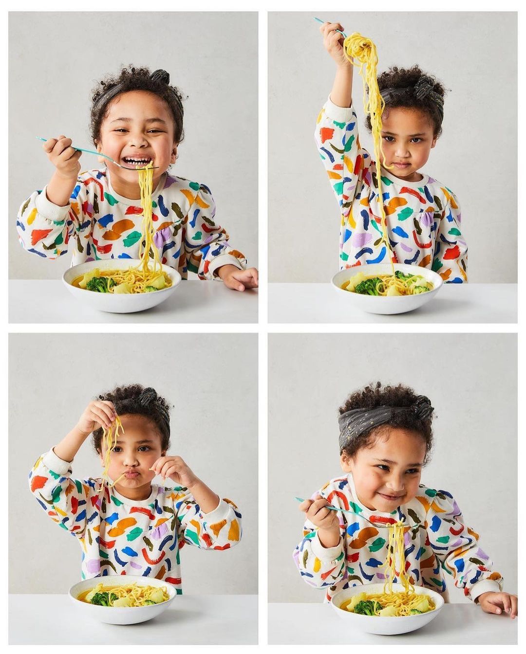 A child enjoys a meal of noodle soup, captured in four poses: eating with gusto, raising noodles, focusing on noodles, and smiling.