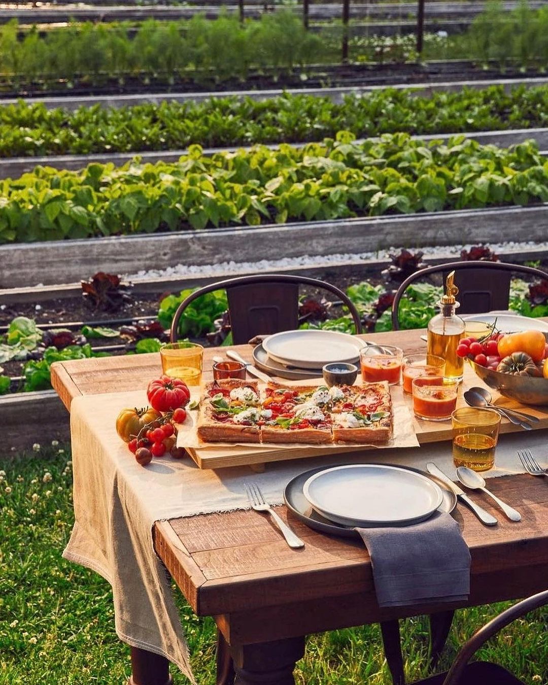Outdoor dining table set with pizza, tomatoes, and drinks surrounded by a vegetable garden on a sunny day, showcasing a farm-to-table setting.
