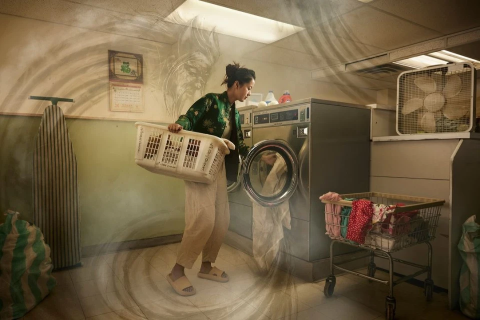 Woman loads laundry into a front-load machine in a laundromat, holding a white plastic laundry basket, with a laundry cart nearby.