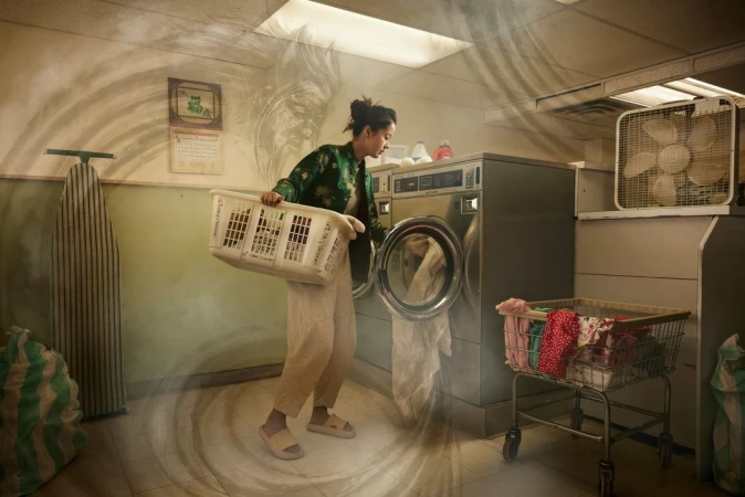 Woman loads laundry into a front-load machine in a laundromat, holding a white plastic laundry basket, with a laundry cart nearby.