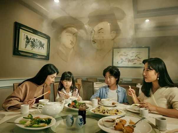 Family of four enjoys a meal at a restaurant, complete with traditional Asian artwork, fostering a warm, inviting atmosphere.
