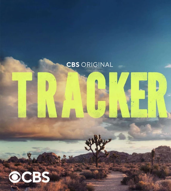 Dramatic landscape featuring the TV show title 'Tracker' against a backdrop of blue sky, clouds, desert, and Joshua trees.