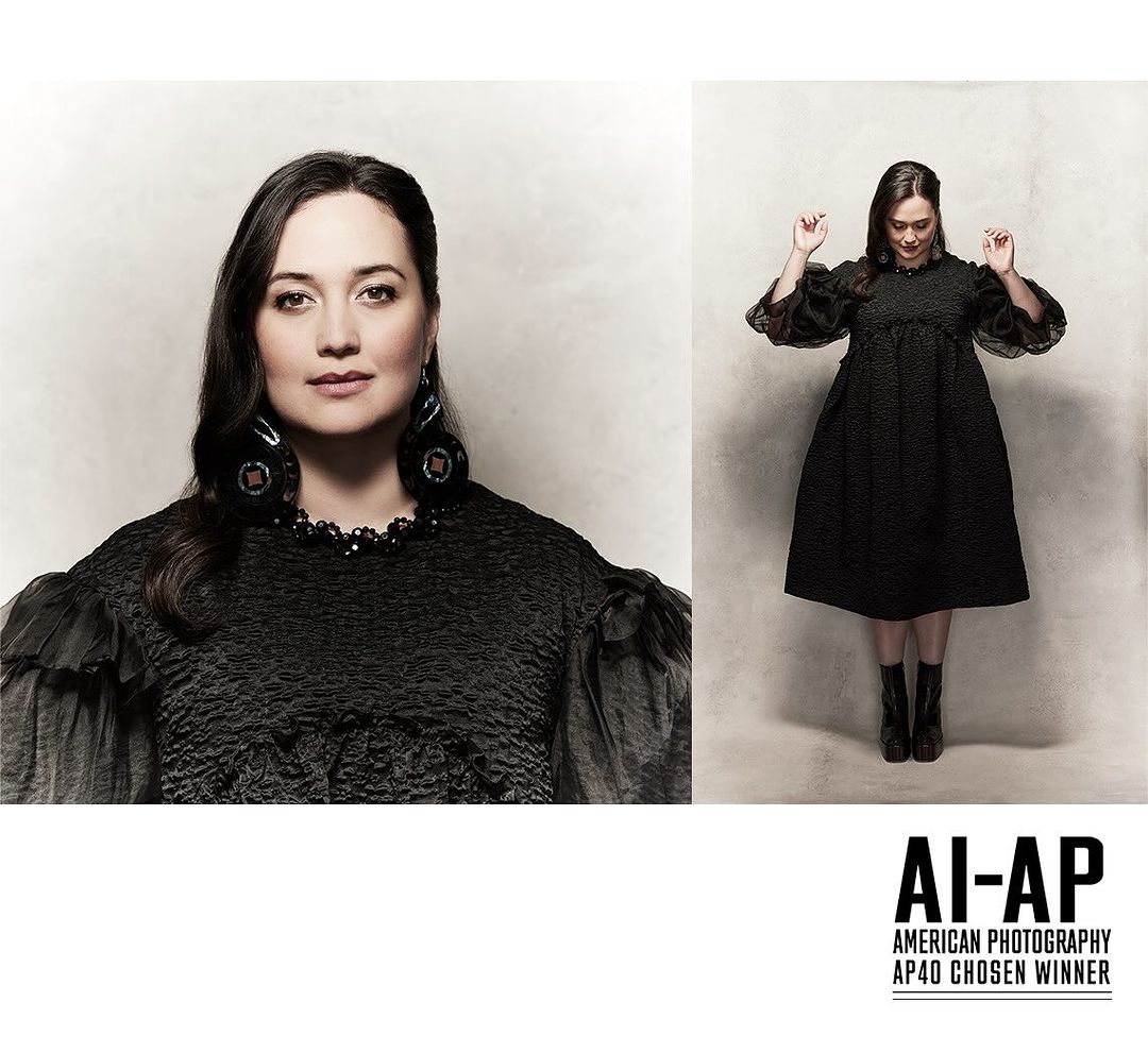 Studio portrait of a woman in a black dress with puffed sleeves and large earrings, set against a neutral backdrop; second image is full-length.