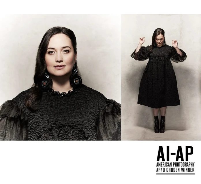 Studio portrait of a woman in a black dress with puffed sleeves and large earrings, set against a neutral backdrop; second image is full-length.