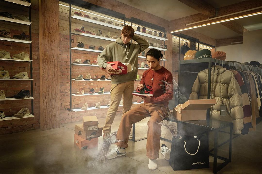 Two young adult males examine sneakers inside an apparel shop with brick walls, displays of shoes and clothing, and a smoky ambiance.
