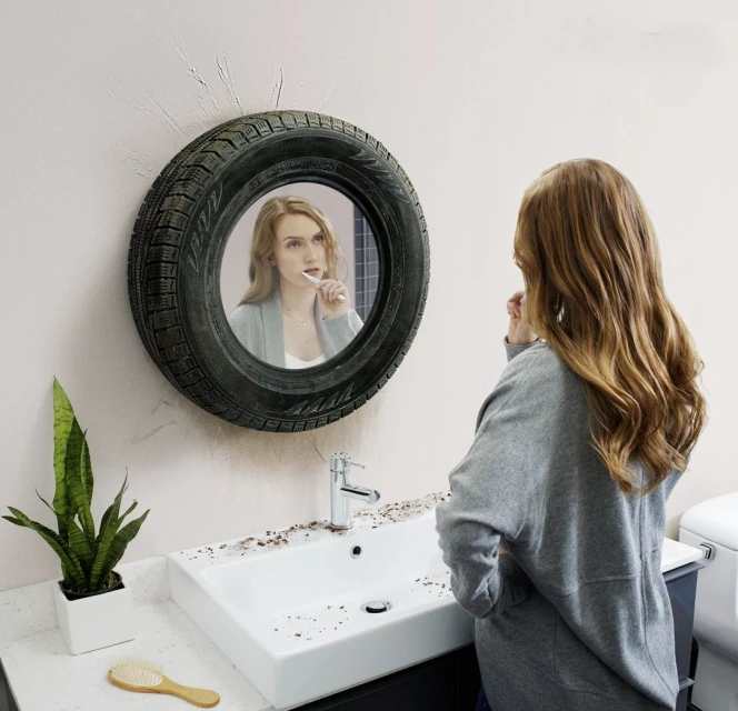Woman in grey sweater brushes teeth in bathroom; mirror framed with black tire hangs on wall above sink with cluttered countertop.