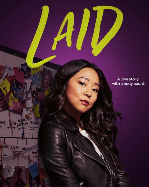 Headshot of an adult female with dark hair in a black leather jacket against a purple background, overlaid with the title 'Laid'.