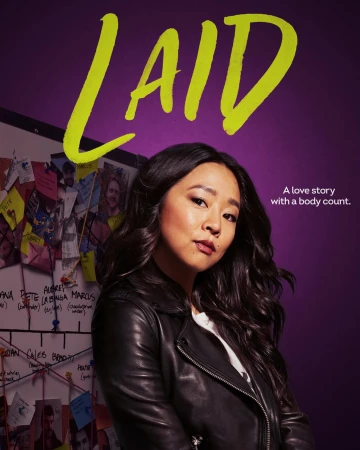 Headshot of an adult female with dark hair in a black leather jacket against a purple background, overlaid with the title 'Laid'.