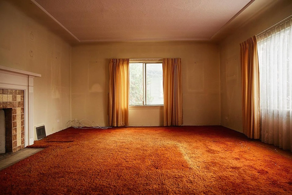 Empty room with orange carpet, tan walls, white trim, natural light. Residential interior with window, fireplace, drapes.
