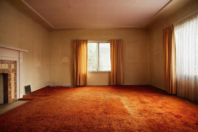Empty room with orange carpet, tan walls, white trim, natural light. Residential interior with window, fireplace, drapes.