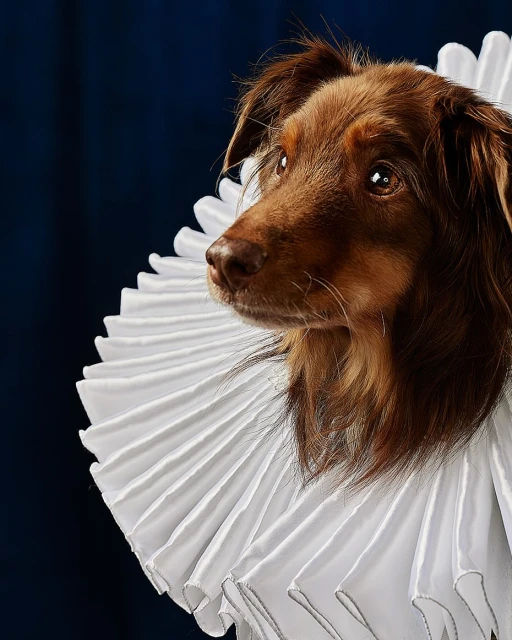 Portrait of a brown long-haired dog wearing a white ruffled collar against a dark blue background in an indoor setting.