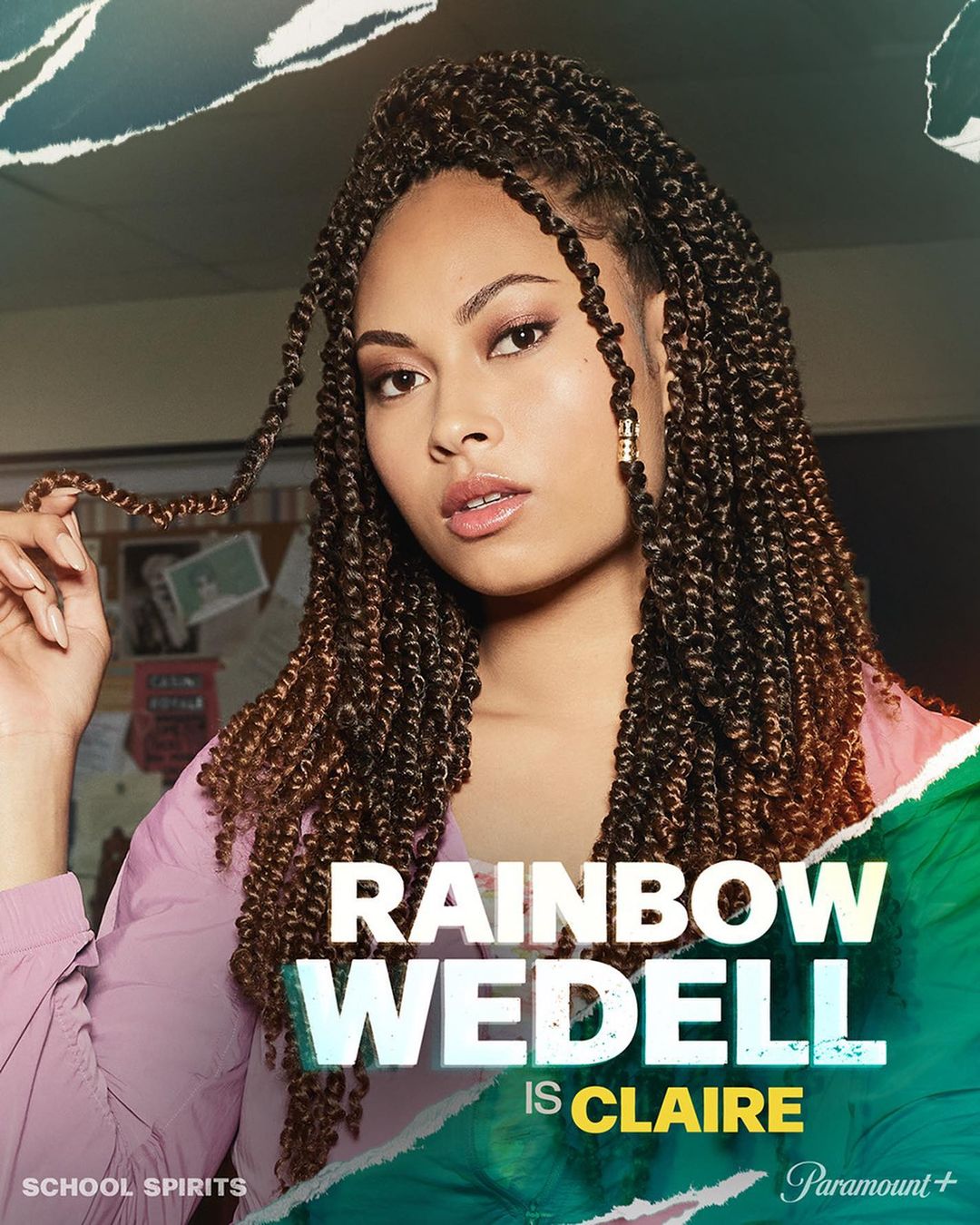 Close-up of Rainbow Wedell as Claire in School Spirits, wearing a pink jacket, with textured braids, against a neutral background.
