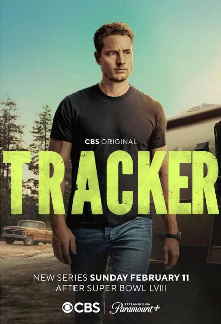 Movie poster for CBS original "Tracker" featuring an adult male in a black t-shirt and jeans, an old truck, and the show's text logo.