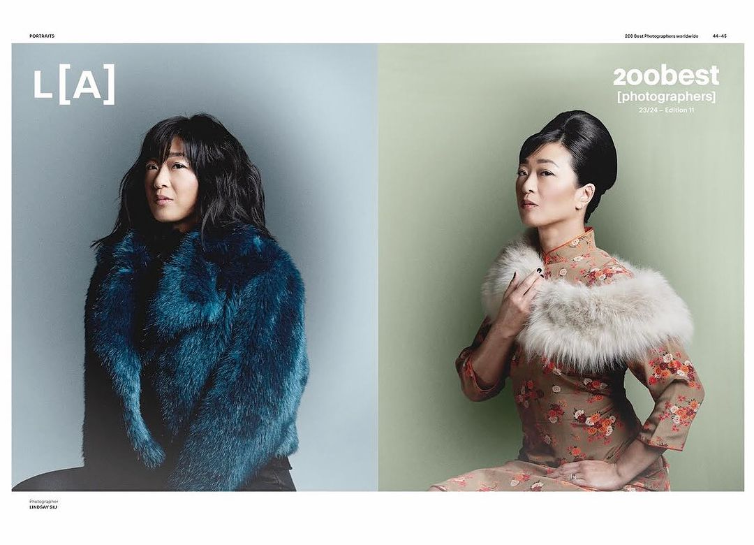 Two Asian women are featured in portraits; one in a teal fur coat, the other in a floral dress and fur stole against muted backgrounds.