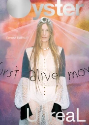 Model wearing white lace dress with veil and tiara against colourful textured backdrop with overlay typography