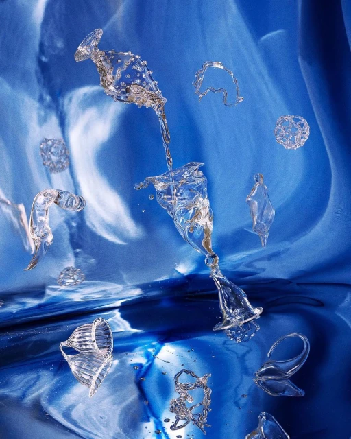 Abstract still life of water pouring between clear glasses, captured with dramatic lighting and set against a blue background.