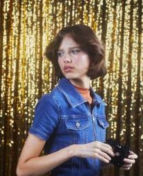 Young woman in a blue denim dress holding a dark scrunchie against a shimmering gold tinsel backdrop.