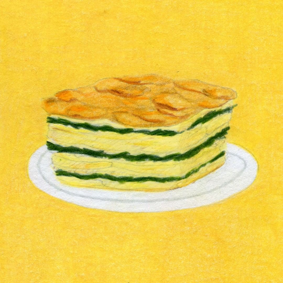 Illustration of a layered food dish, possibly lasagna, resting on a white plate against a solid yellow background.