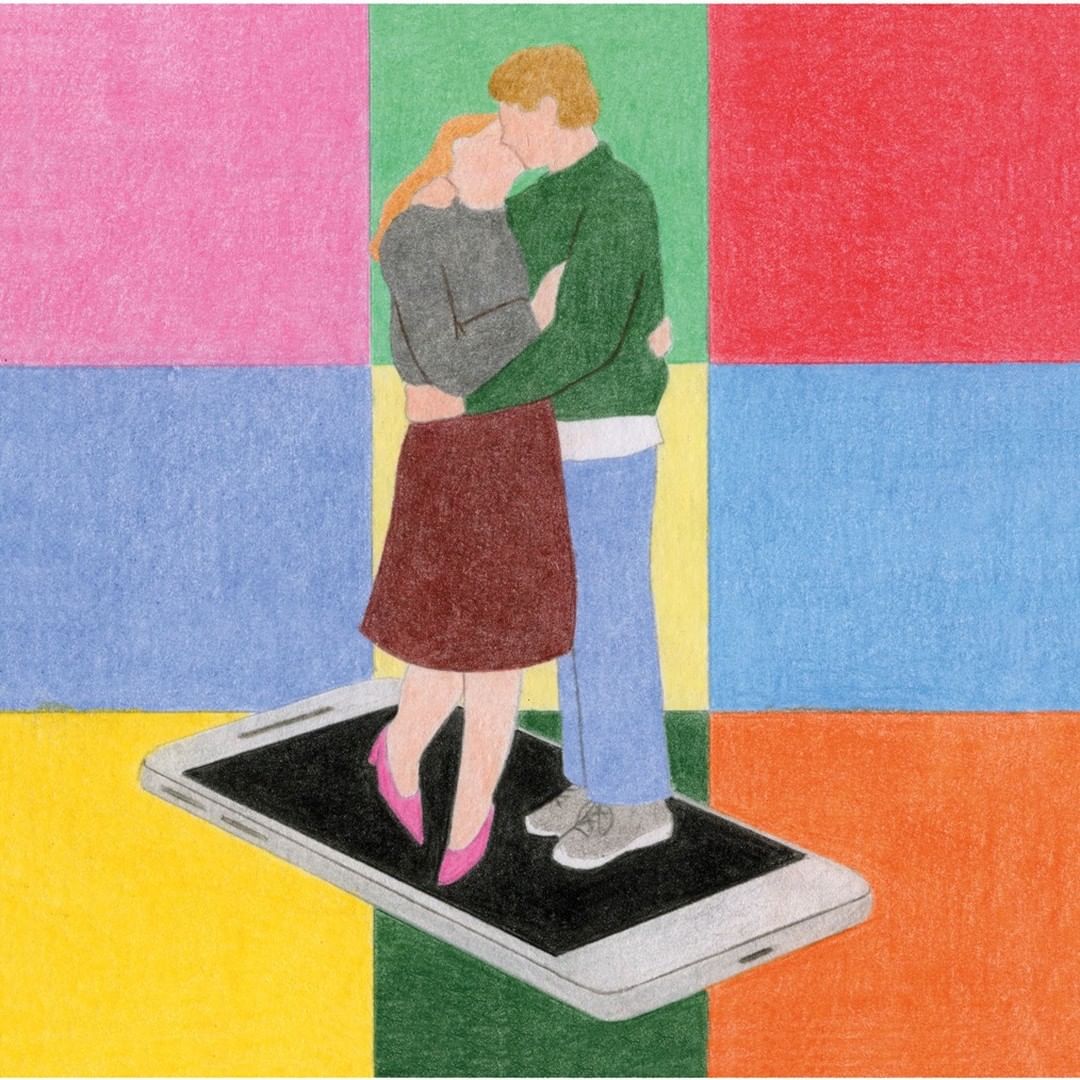 Illustration of couple embracing on top of a smartphone device with colorful geometric shapes in the background. 