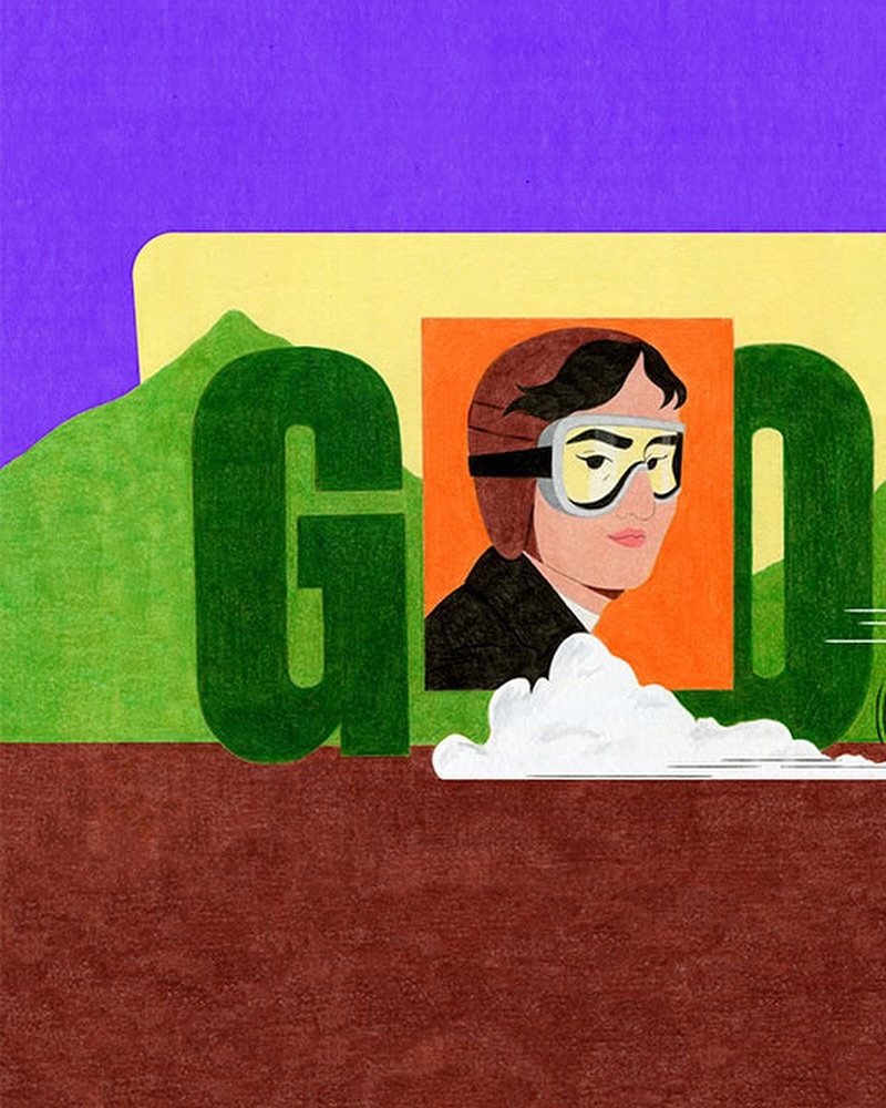 Illustration of a pilot with goggles inside the letters 'GO' against a purple sky, green hills, and a light yellow banner.