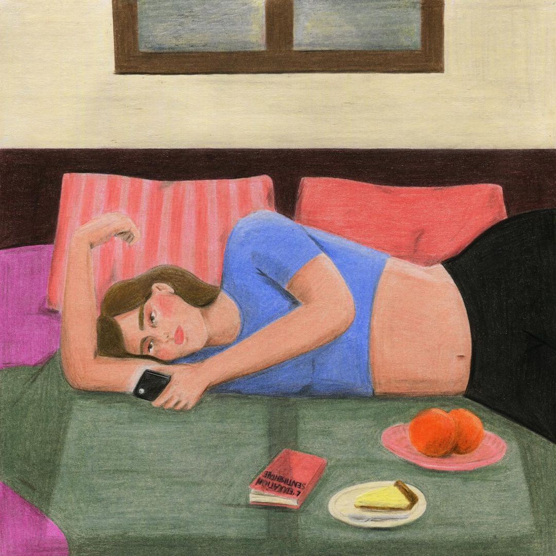 Illustration of a woman lying on a bed with a phone, book, oranges, and cake in a bedroom setting with window light.
