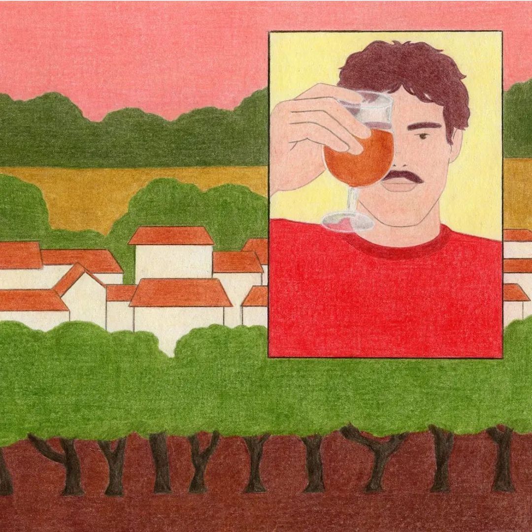 Illustration of a man holding a glass of liquid, set against a backdrop of houses and trees under a pastel sky. Art style.