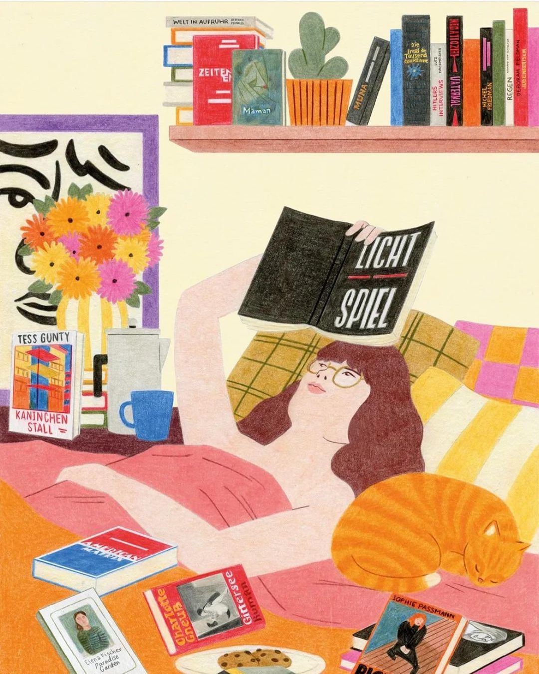 Illustration of a woman reading a book in bed, surrounded by more books and a sleeping cat, with a vase of flowers nearby.