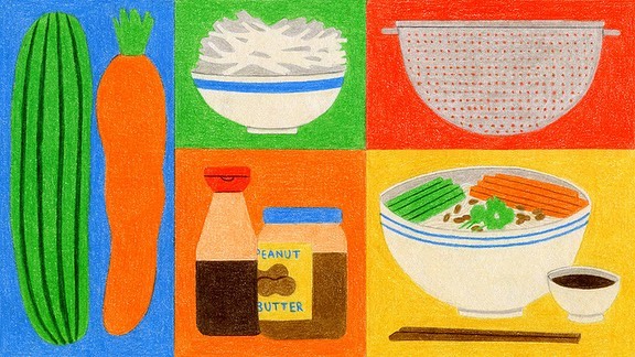 Colorful illustration of ingredients including rice noodles, vegetables, peanut butter, soy sauce, and a colander.
