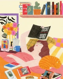 Illustrated woman lying in bed reading a book with an orange cat curled up nearby by illustrator Lisa Carpagnano