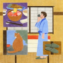 Colored pencil illustration by Lisa Carpagnano featuring a man in a blue robe drinking tea next to framed art panels.