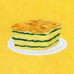 Detailed colour pencil illustration of a square slice of layered lasagna on a white plate against a solid yellow background.