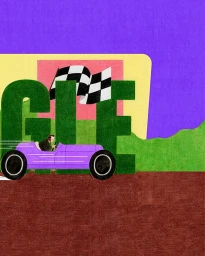 Colorful illustration of a vintage purple race car driving past giant green letters and a checkered flag by Lisa Carpagnano
