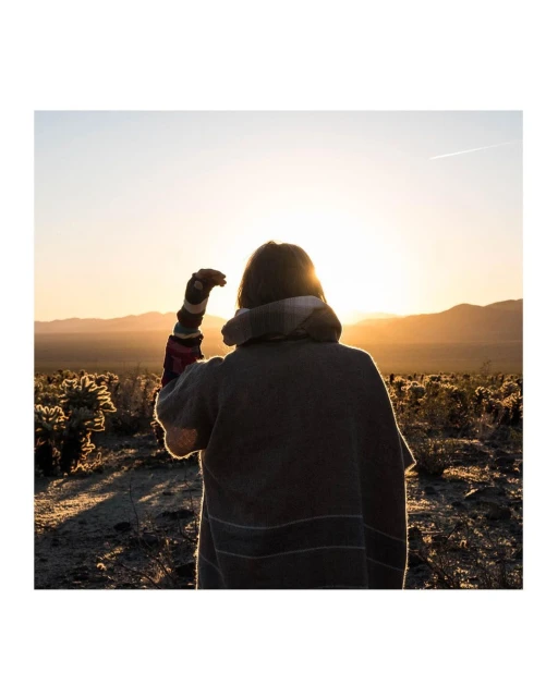 Back view of a person wearing a poncho looking out toward the sunset over a desert landscape with cacti and mountains in the distance.