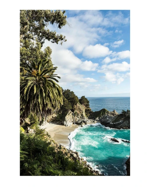 Scenic view of McWay Falls in Big Sur, California, with turquoise water, sandy beach, and lush greenery under a partly cloudy sky.