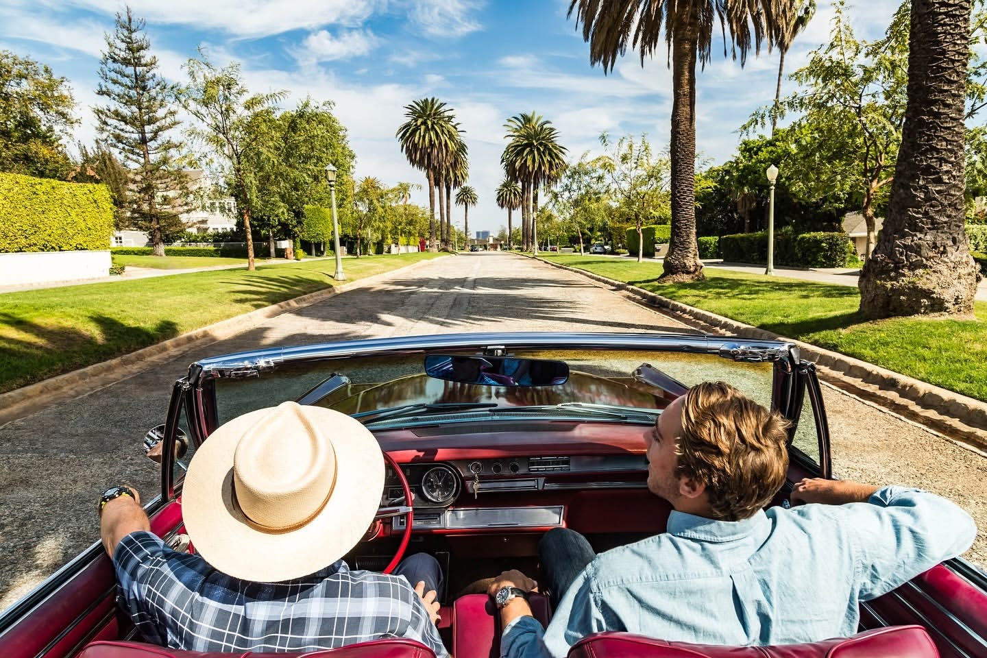 Two adult men drive a red convertible on a road lined with green lawns and palm trees under a blue sky with some clouds.