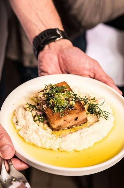 Close-up of a person holding a plate with a piece of meat and a creamy sauce topped with herbs, showcasing a gourmet food presentation.
