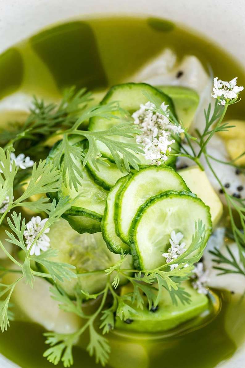 Overhead close-up of a vibrant green food dish with sliced cucumbers, white flowers, and fresh dill in a glossy green sauce.