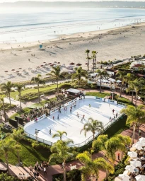 Aerial view of an outdoor ice skating rink surrounded by palm trees next to a sandy beach and ocean.