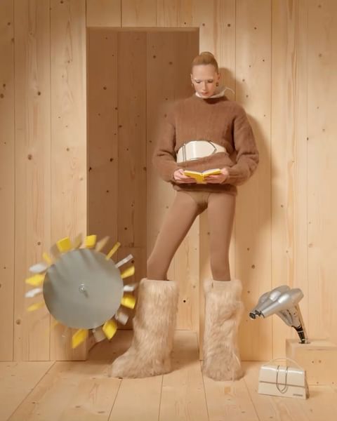 Blonde woman in furry boots and brown sweater reads a book in a wood-paneled room with a toy turbine and hairdryer.