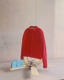 Red jacket hanging on a rotating ceiling fan with a light blue handbag placed on one of the fan blades against a concrete wall