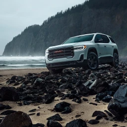 White GMC SUV parked on a rocky ocean beach with dark cliffs and crashing waves under an overcast sky.