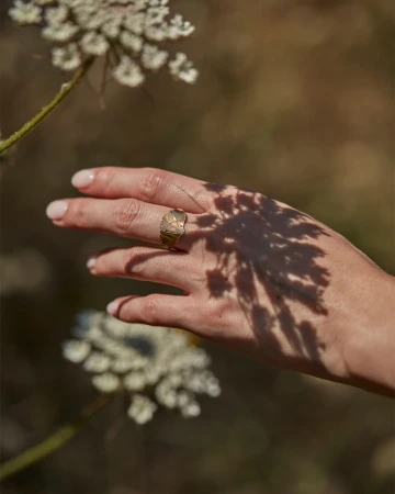 Close-up of a woman's hand with a gold ring, dappled with shadows from flowers, creating an artistic and natural jewelry display.