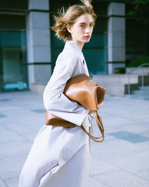 A woman in a trench coat carries a large leather bag in an urban setting, with a modern building in the background and natural light.