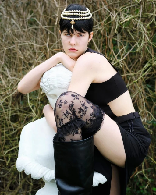 A young woman in a black top and skirt poses with a white bust in a garden setting, wearing lace thigh-highs and pearl headpiece.
